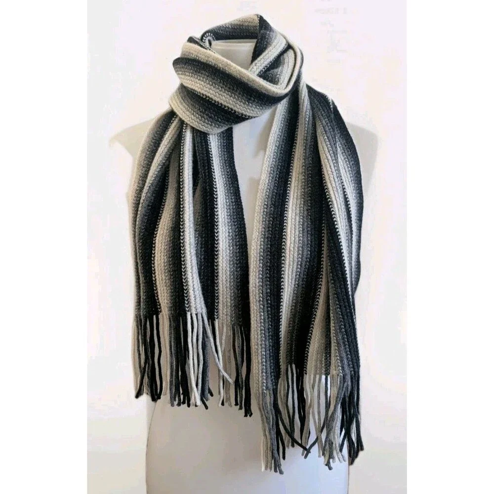 Vtg Nardi Tagliaferri Italian Wool Blend Knit Scarf Black White Chevron Stripe